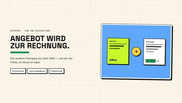 Illustration im crmbooster-Stil: Angebot wird zur Rechnung, zwei Belege mit Pfeil